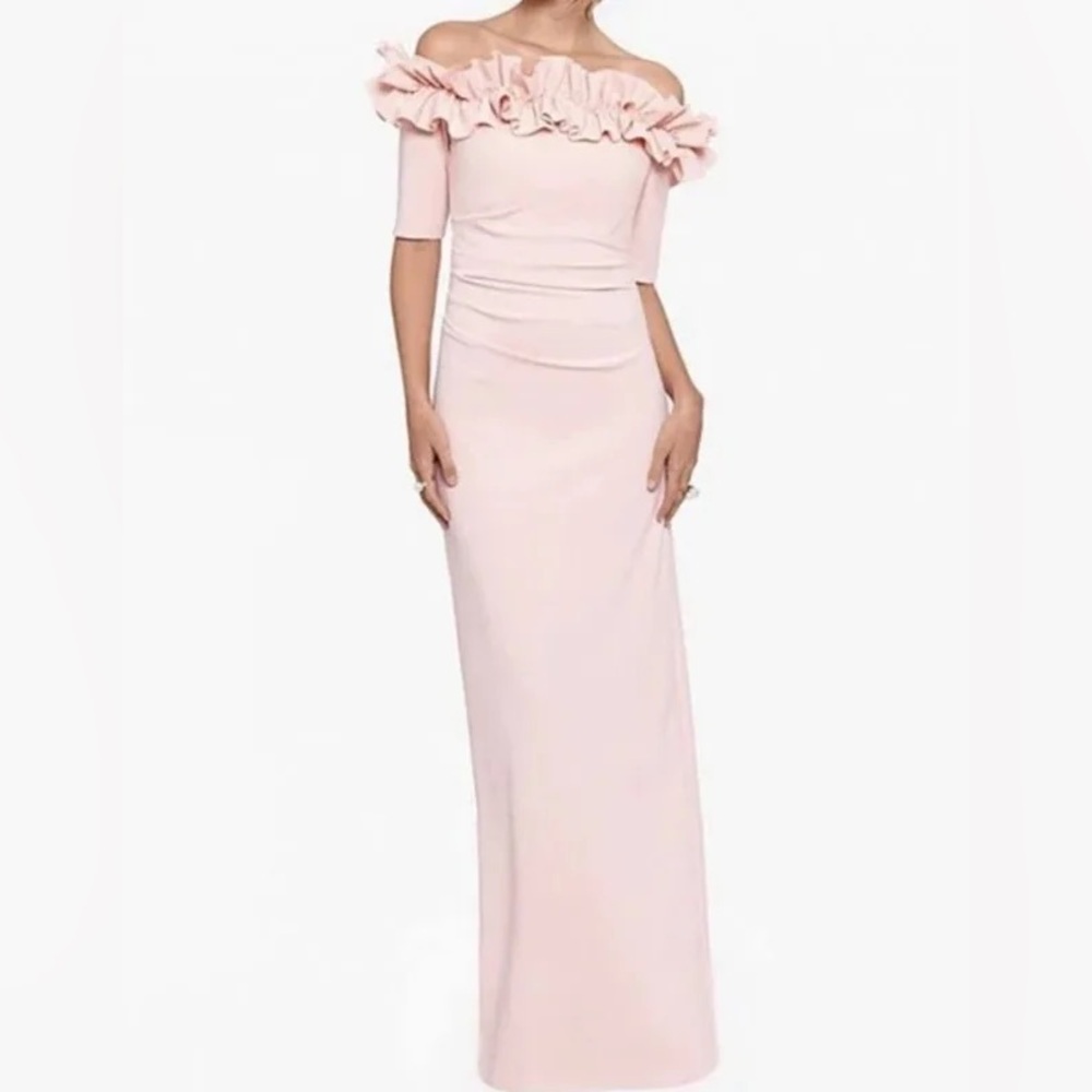 Xscape evening gown. Pink, Off the shoulder ruffle dress.